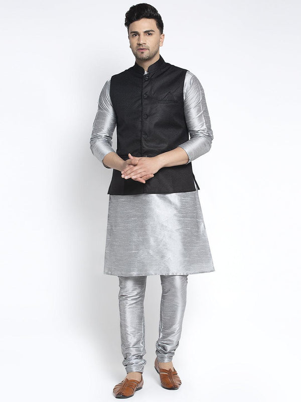 Men's Silk Blend Grey Kurta With Pyjama & Black Nehru Jacket - Benstoke - Indiakreations