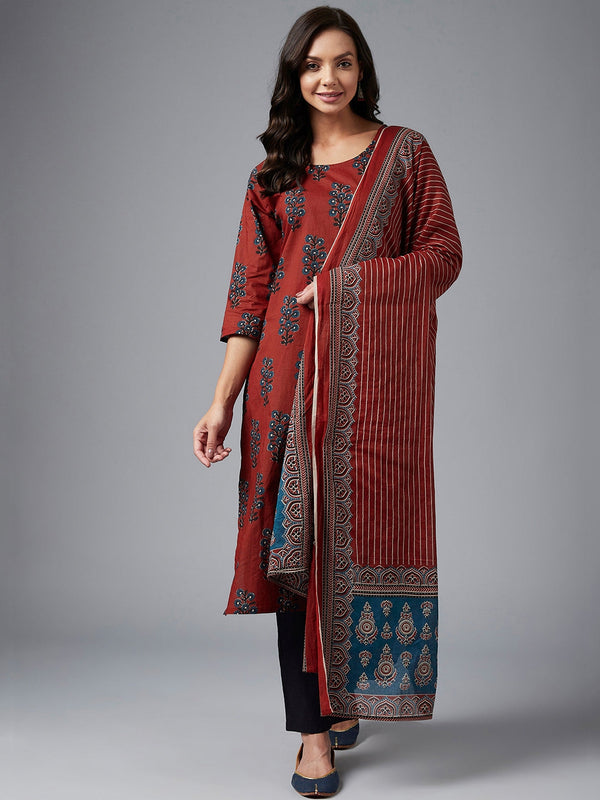 Women's Maroon And Navy Blue Ethnic Printed Side Slit Straight Kurta Palazzo And Dupatta Set - Azira