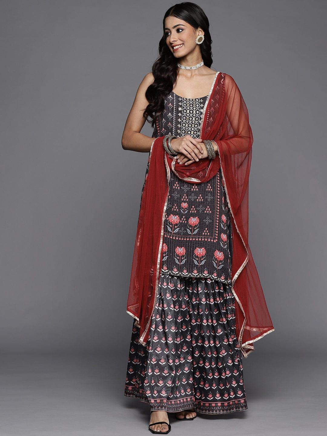 Varanga Women Black Ethnic Motifs Printed Sequinned Kurta with Trousers & Dupatta - Indiakreations