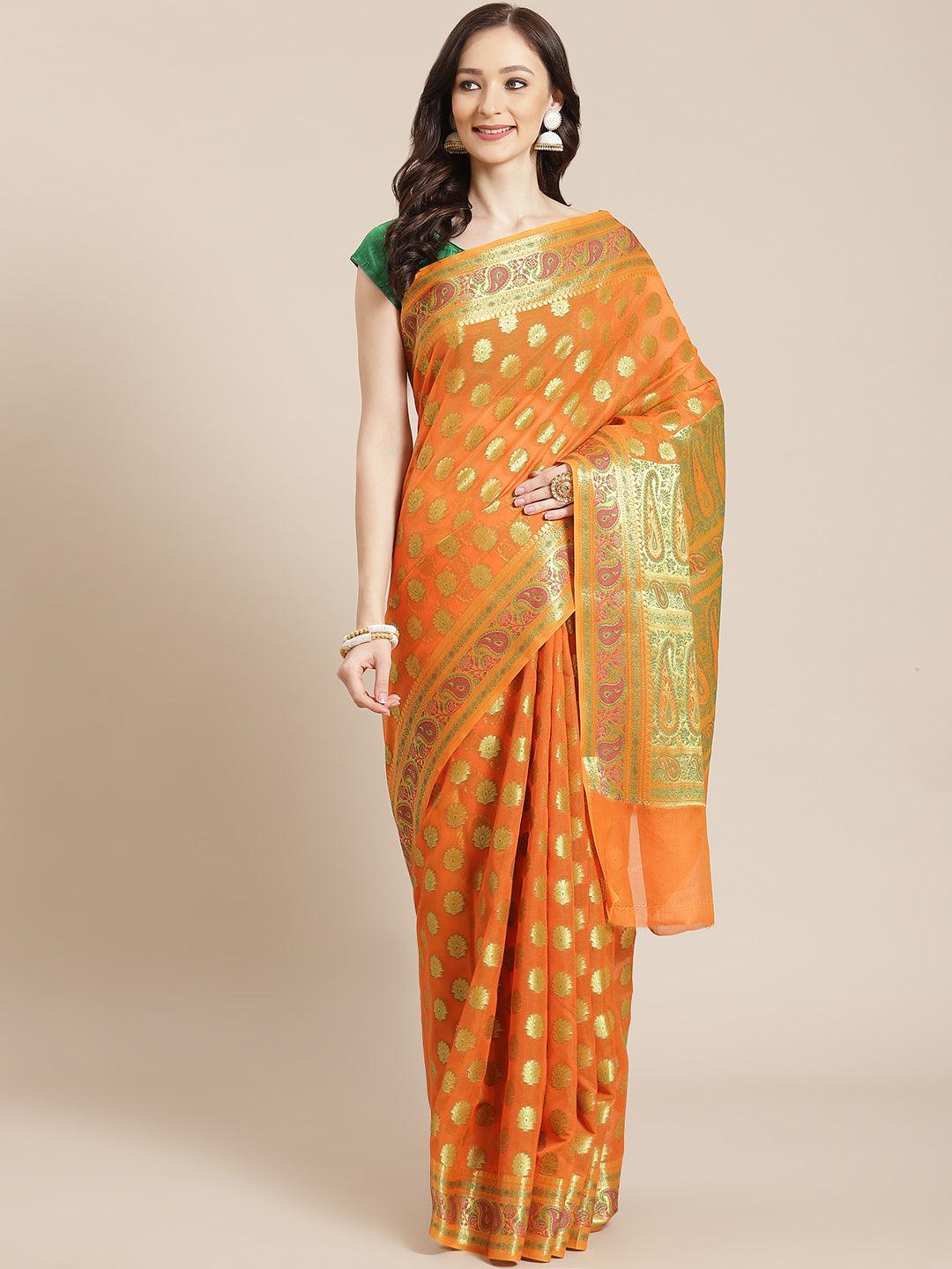 Women's Orange Semi Silk Cutwork Saree - Varanasi - Indiakreations