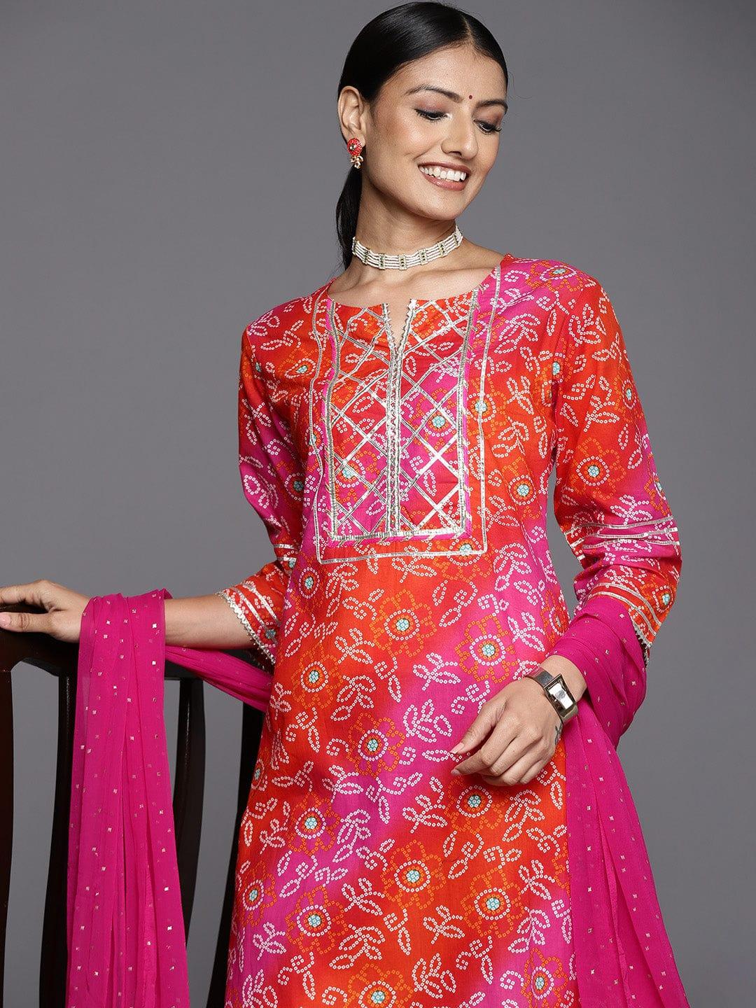 Varanga Women Pink Bandhani Printed Gotta Patti Pure Cotton Kurta with Trousers & With Dupatta - Indiakreations