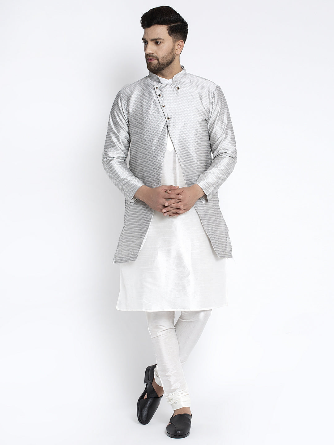 Men's White Kurta With Pyjama & Grey Self Design Jacket - Benstoke