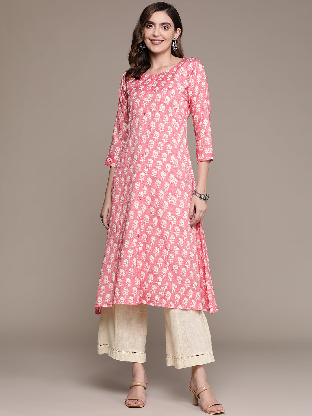 Women's Pink & Off White Floral Printed Round Neck Kurta - Anubhutee