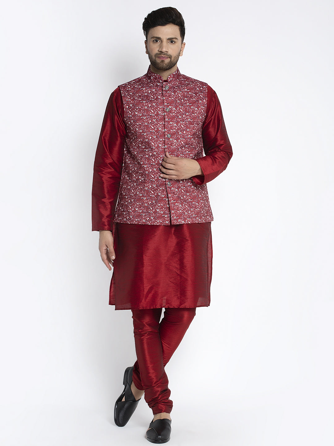 Men's Silk Blend Maroon Kurta With Pyjama & Maroon Printed Nehru Jacket - Benstoke