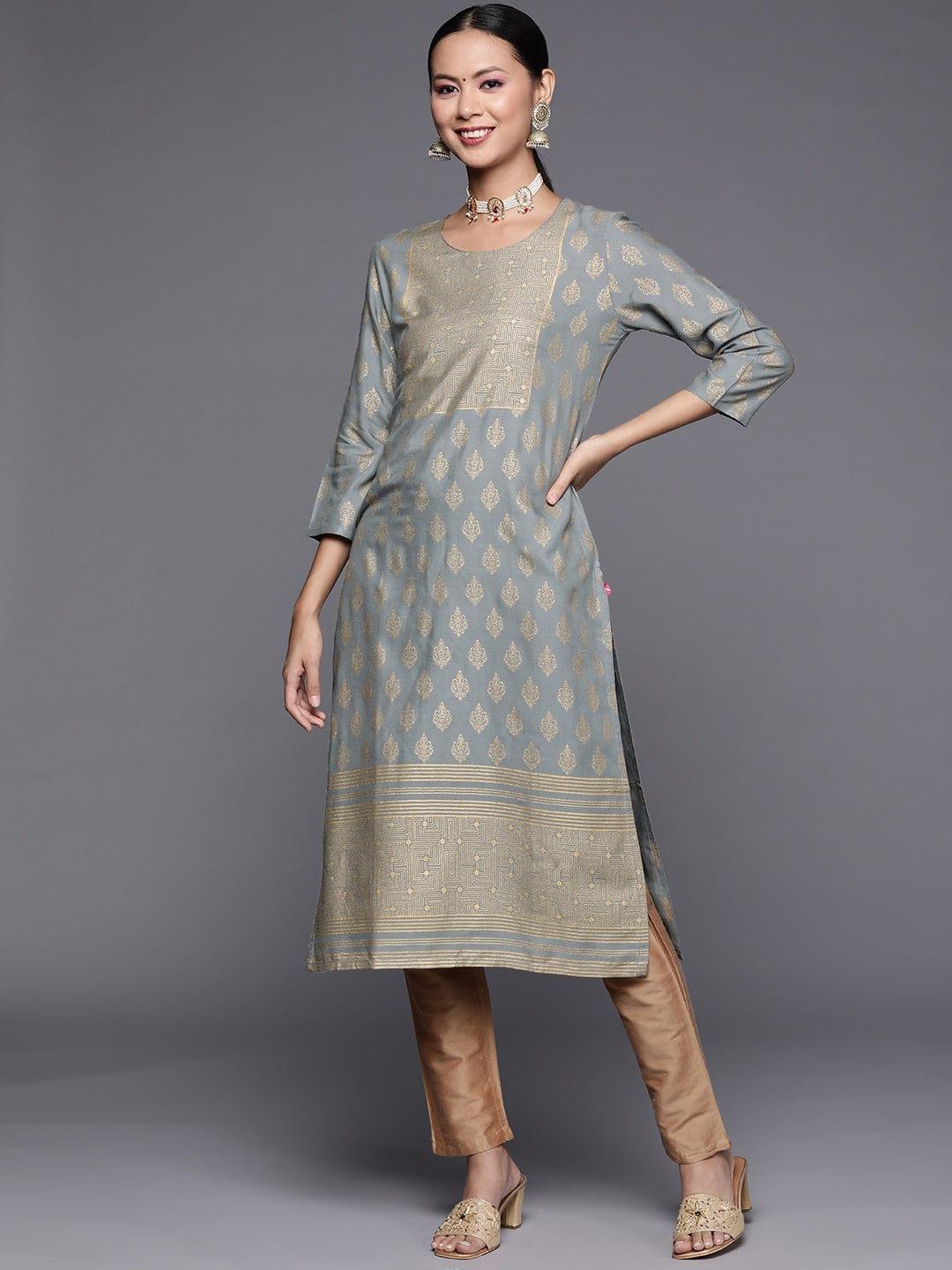 Varanga Women Grey & Golden Ethnic Motifs Printed Kurta - Indiakreations