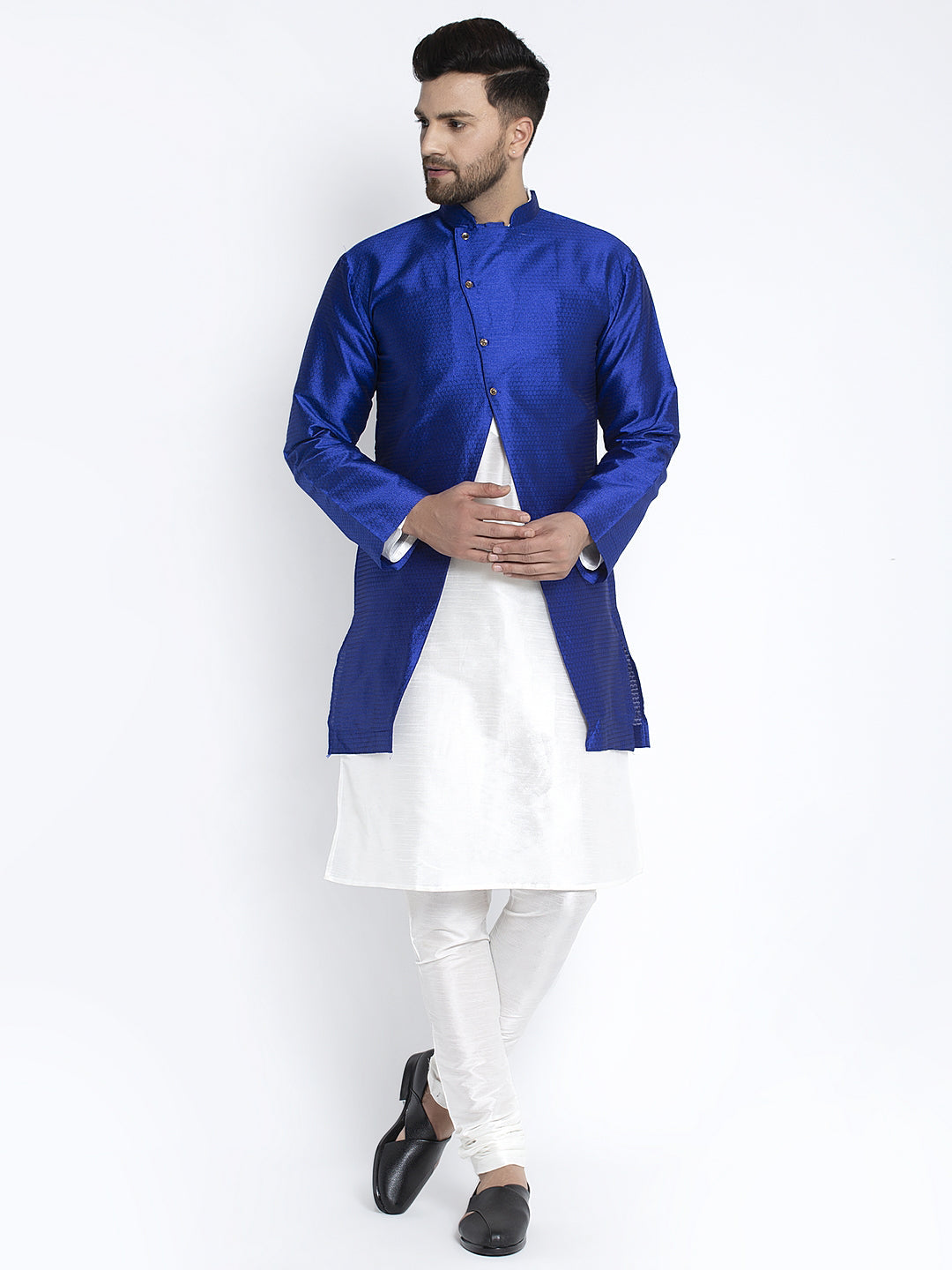 Men's White Kurta With Pyjama & Royal Blue Self Design Jacket - Benstoke