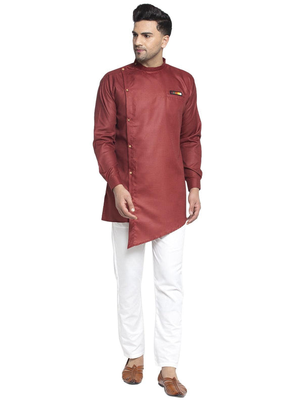 Men's Cotton Maroon Asymmetric Solid Kurta With White Trousers - Benstoke - Indiakreations