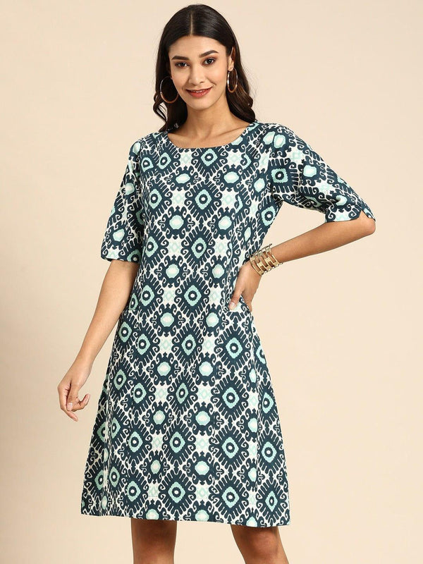 White & Teal Blue Printed A-Line Panelled Dress with Pockets - Indiakreations