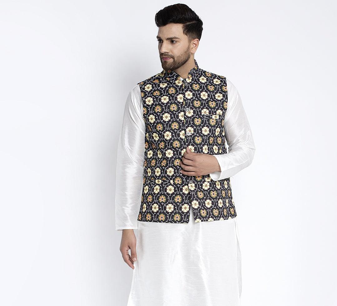 Men's Black & Yellow Printed Nehru Jacket - Benstoke - Indiakreations