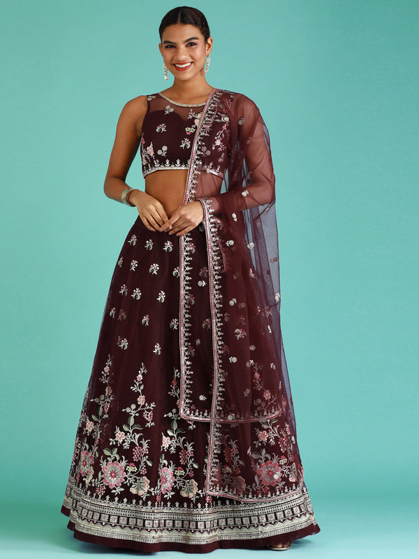 Women's Burgundy - Net Sequins Work Fully-Stitched Lehenga - Panchhi