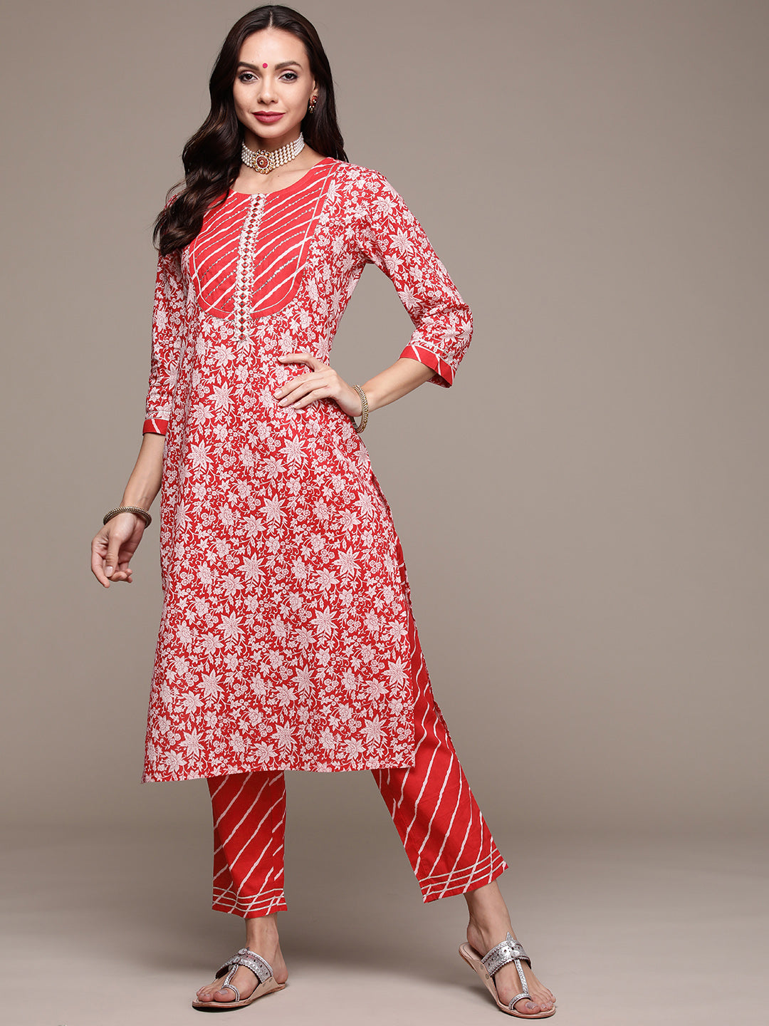 Women's Red Embroidered Printed Kurta Set With Trousers - Anubhutee