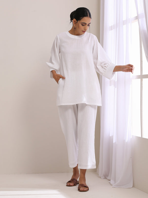 Women's White Dobby Baggy Sleeve Co-Ord Set - Truebrowns