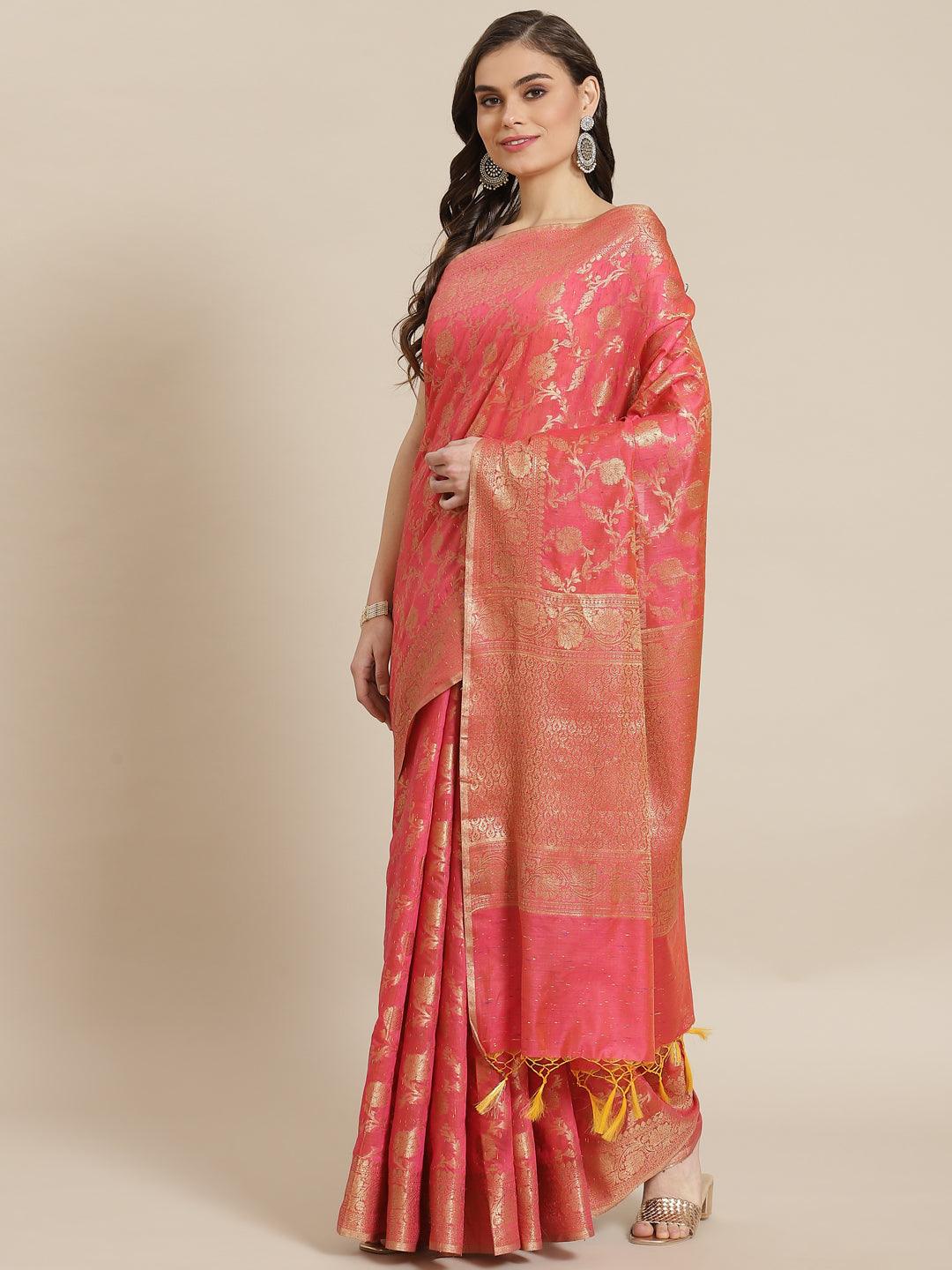 Women's Pink Cotton Silk Saree - Varanasi - Indiakreations