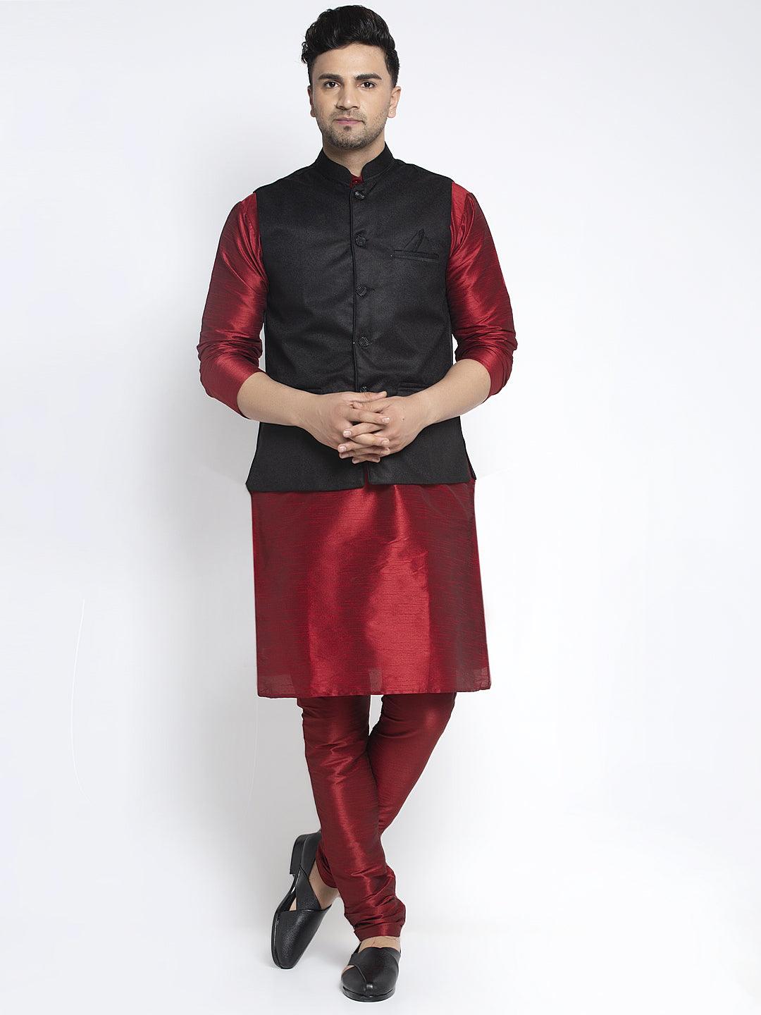 Men's Silk Blend Maroon Kurta With Pyjama & Black Nehru Jacket - Benstoke - Indiakreations