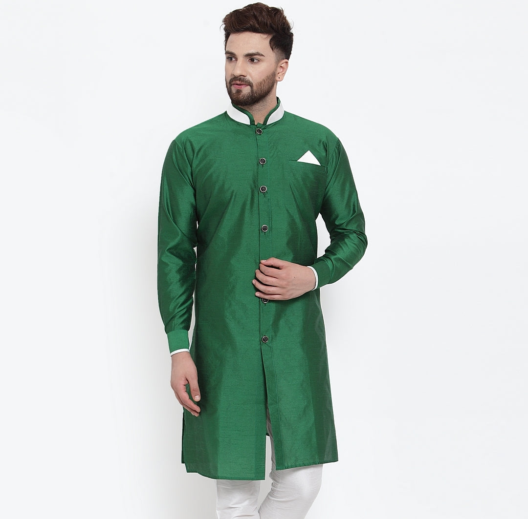 Men's Silk Blend Dark Green Solid Straight Kurta - Benstoke