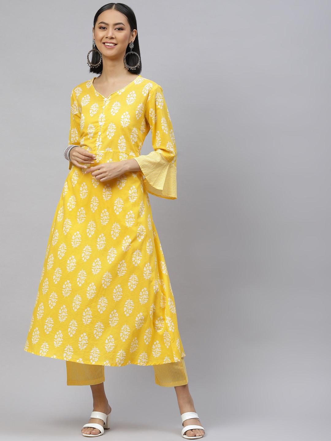 Women's Cotton Yellow Printed Kurta With Pant Set - Noz2Toz - Indiakreations