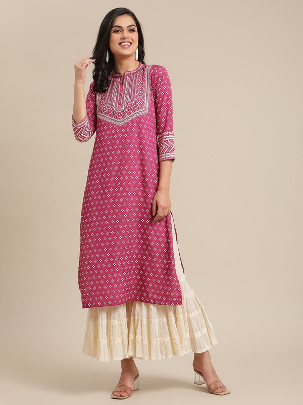 Women's Wine Bandhej Printed Kurta With Pink Cord Pipen Detailing - Varanga