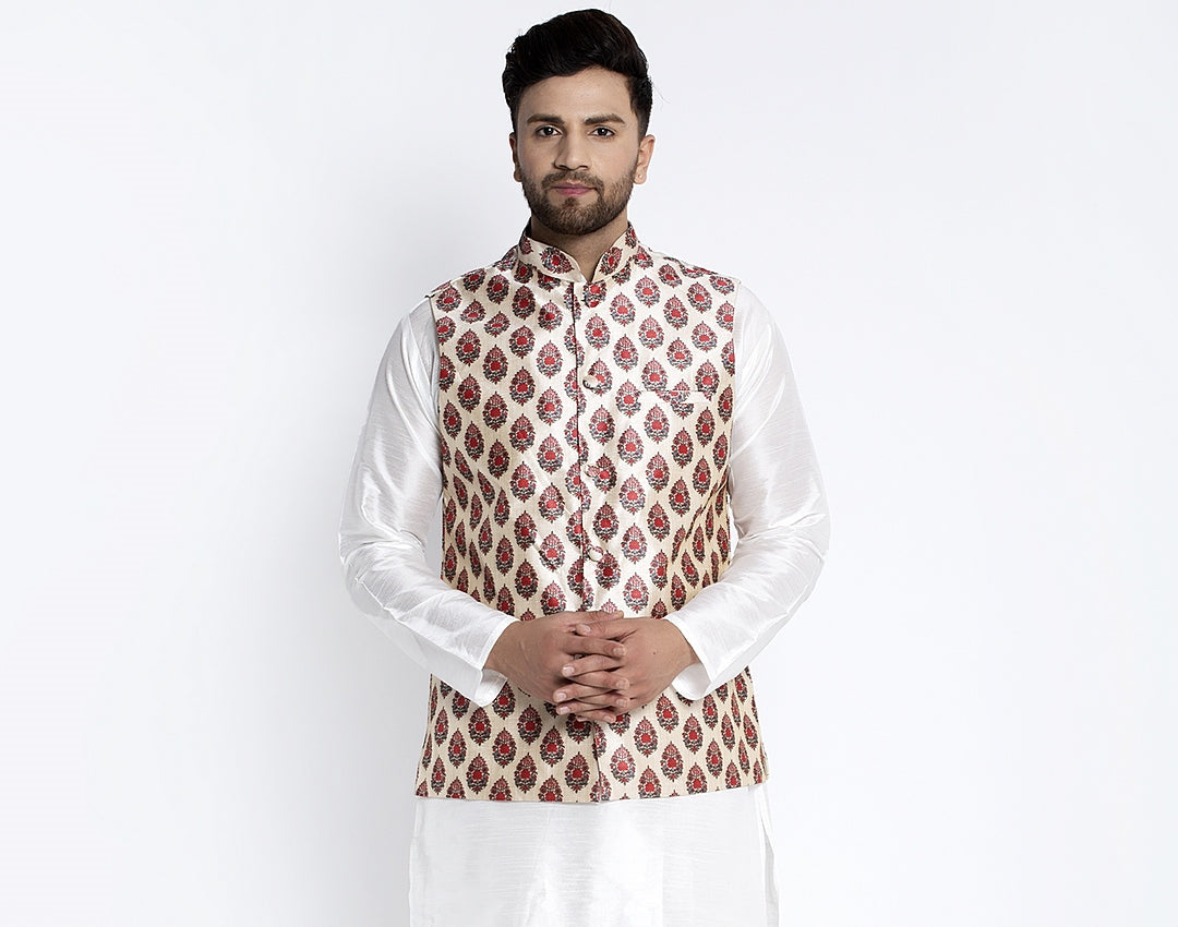 Men's Cream & Red Printed Nehru Jacket - Benstoke