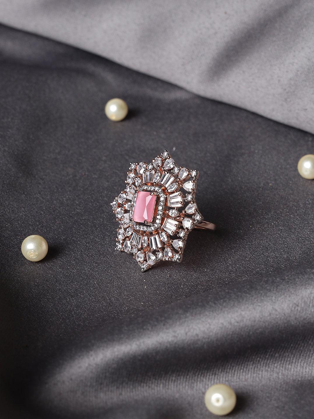 Women's Rose Gold-Plated Pink Ruby & White AD-Studded Handcrafted Adjustable Finger Ring - Jazz and Sizzle - Indiakreations