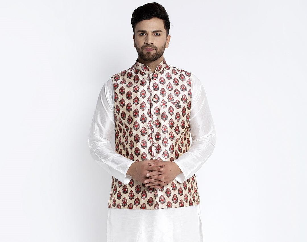 Men's Cream & Red Printed Nehru Jacket - Benstoke - Indiakreations