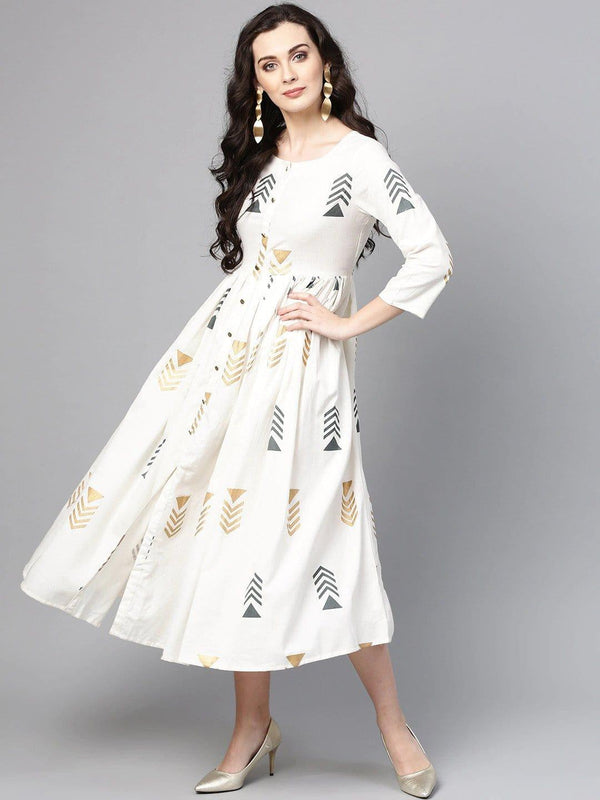 Off-White & Grey Printed Fit and Flare Dress - Indiakreations