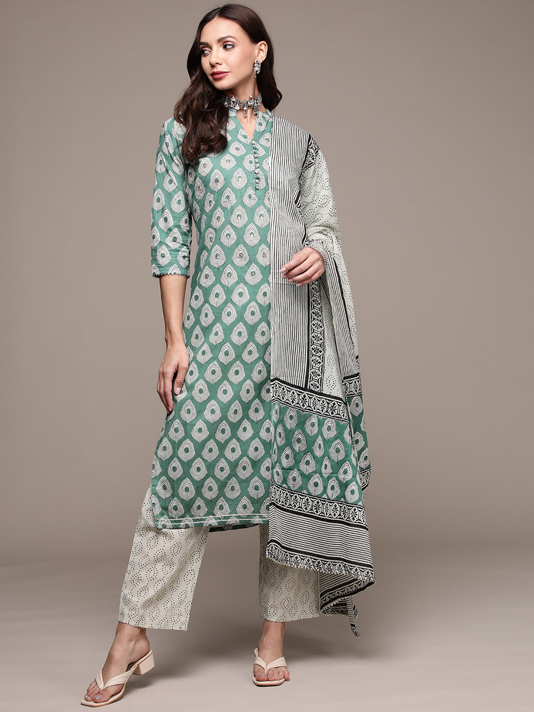 Women's Pista Green Gota Patti Handwork Kurta Set With Trousers And Dupatta - Anubhutee