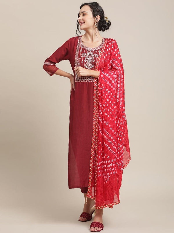 Maroon Yoke Embroidred Straight Kurta With Round Neck And Sleeve With Orgaza,Paired With Trouser And Bandhej Dupatta - Indiakreations