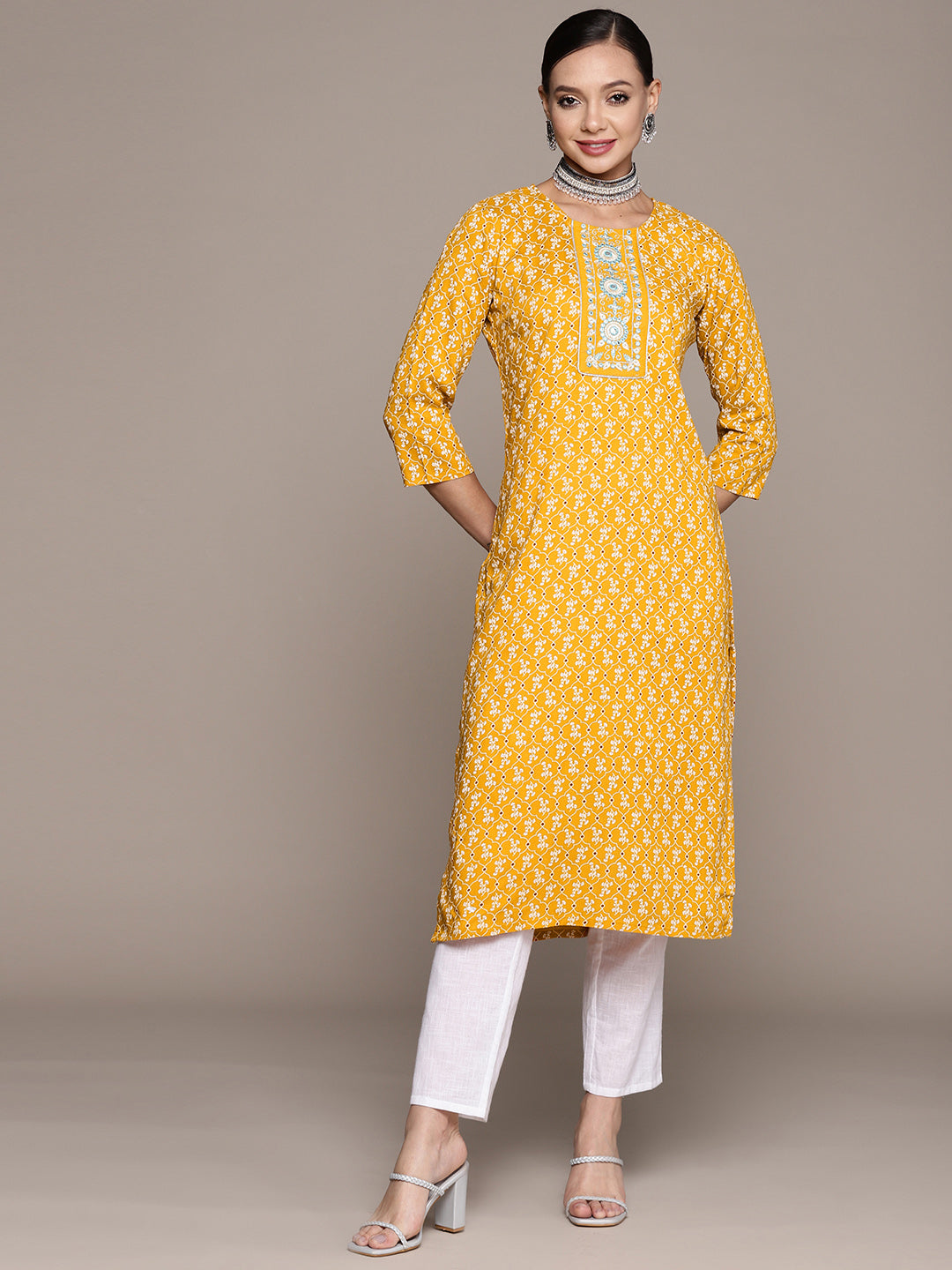 Women's Mustard Zari Emroidered Printed Rayon Kurta - Anubhutee