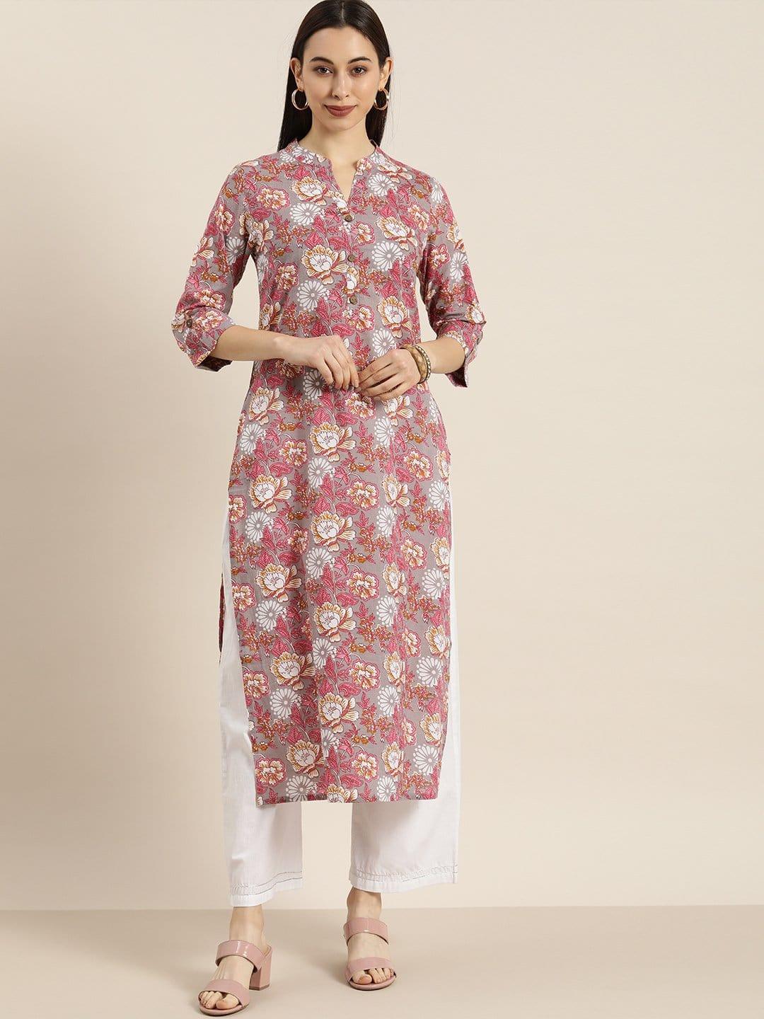 KSUT Grey And Pink Kalamkari Printed Kurta With Roll Up Sleeves - Indiakreations