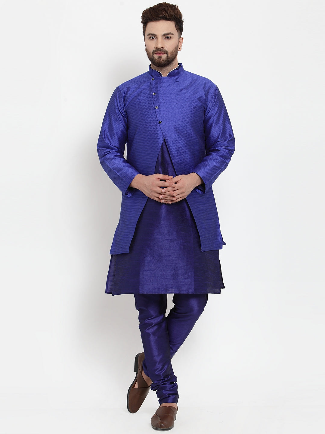 Men's Royal Blue Kurta With Pyjama & Blue Self Design Jacket - Benstoke