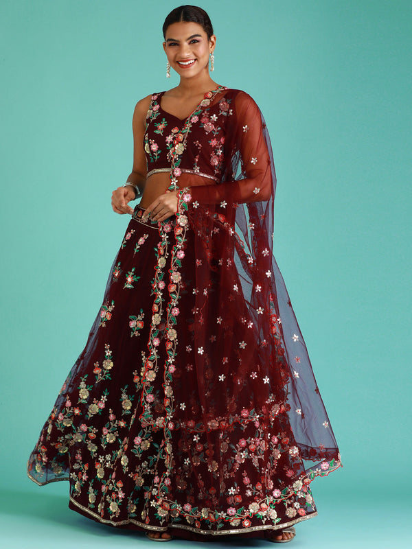 Women's Burgundy Net Sequince Work Lehenga & Blouse, Dupatta - Panchhi