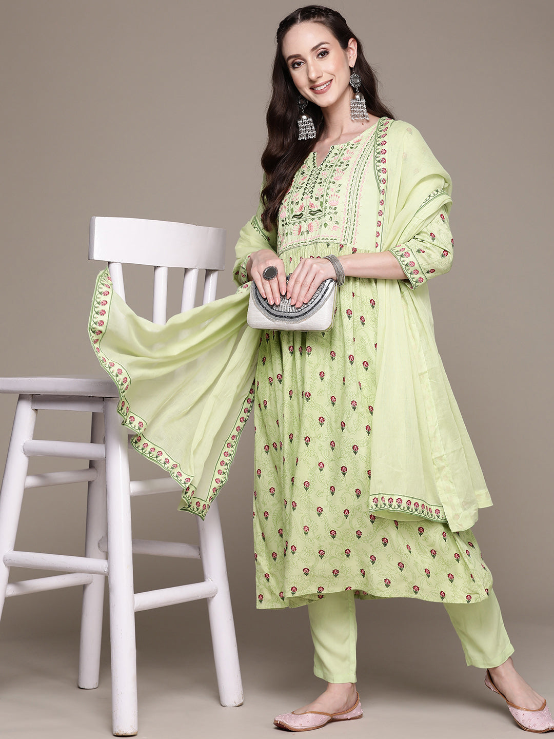 Women's Pastel Green Embroidered Anarkali Kurta Set With Trousers And Dupatta - Anubhutee