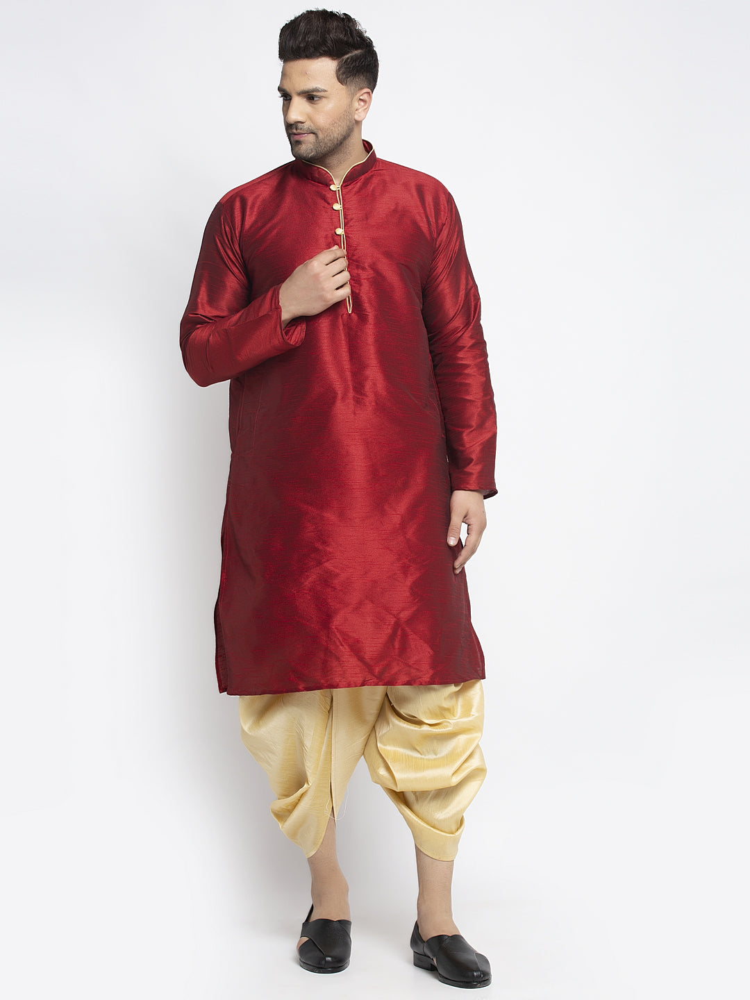 Men's Maroon Solid Kurta With Gold Dhoti Pant - Benstoke