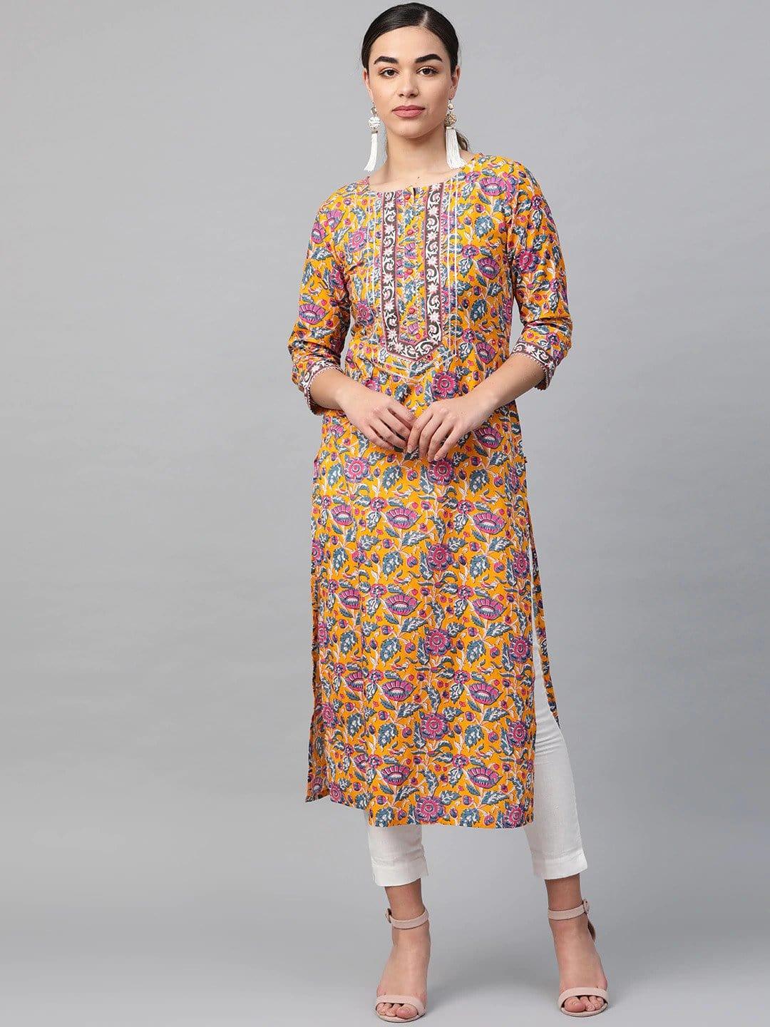 KSUT Mustard Yellow & Blue Printed Straight Kurta - Indiakreations