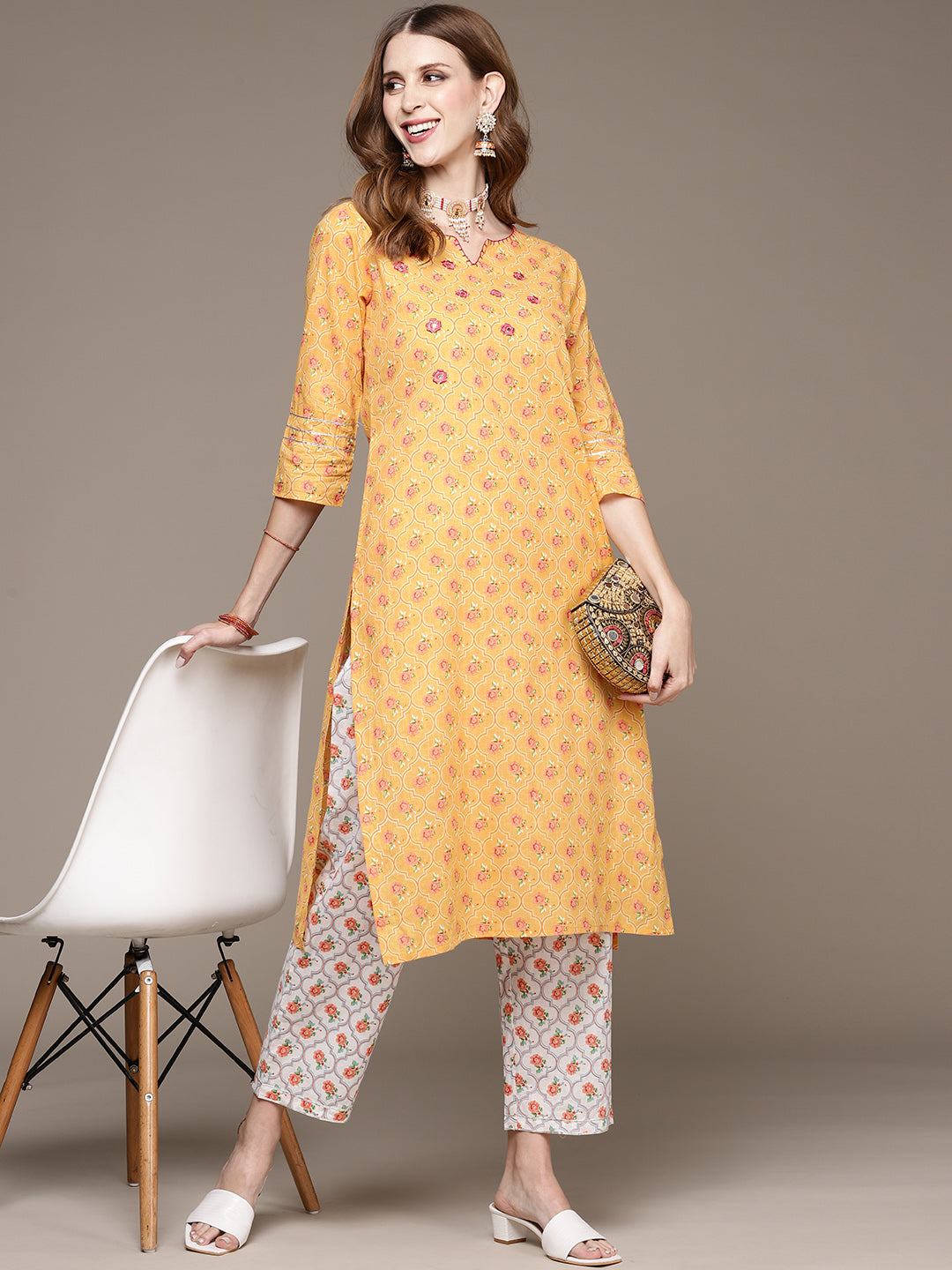 Women's Mustard Yellow Handwork Printed Kurta Set With Trousers - Anubhutee