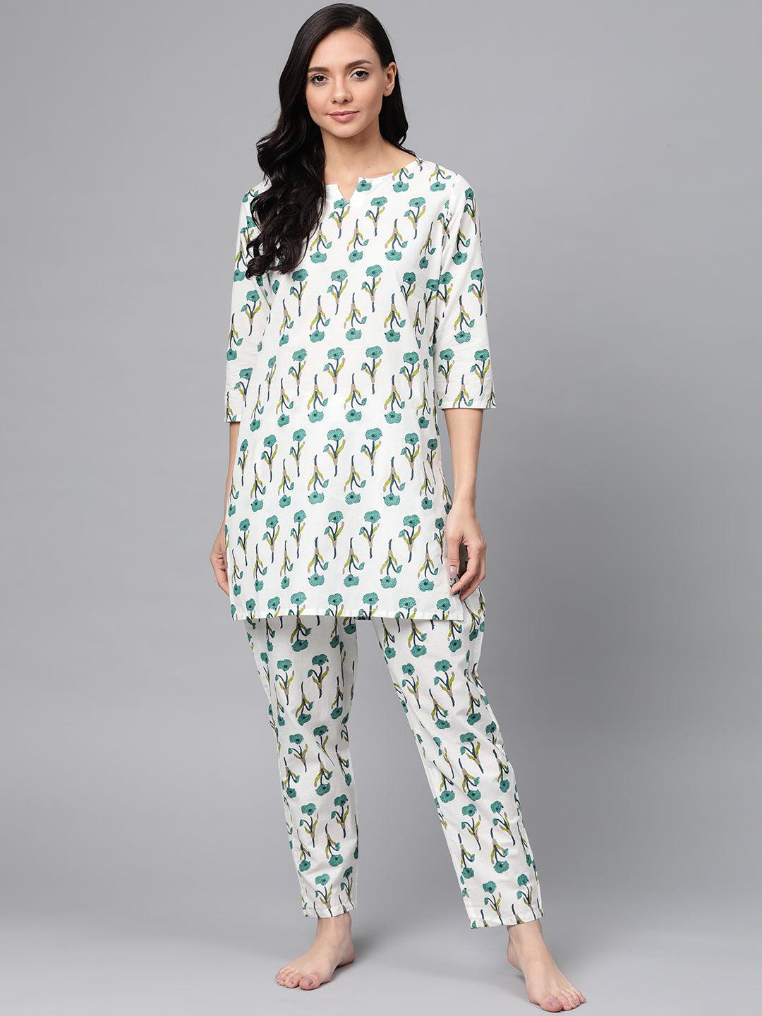 Women's White Green Printed Night Suit - Anubhutee