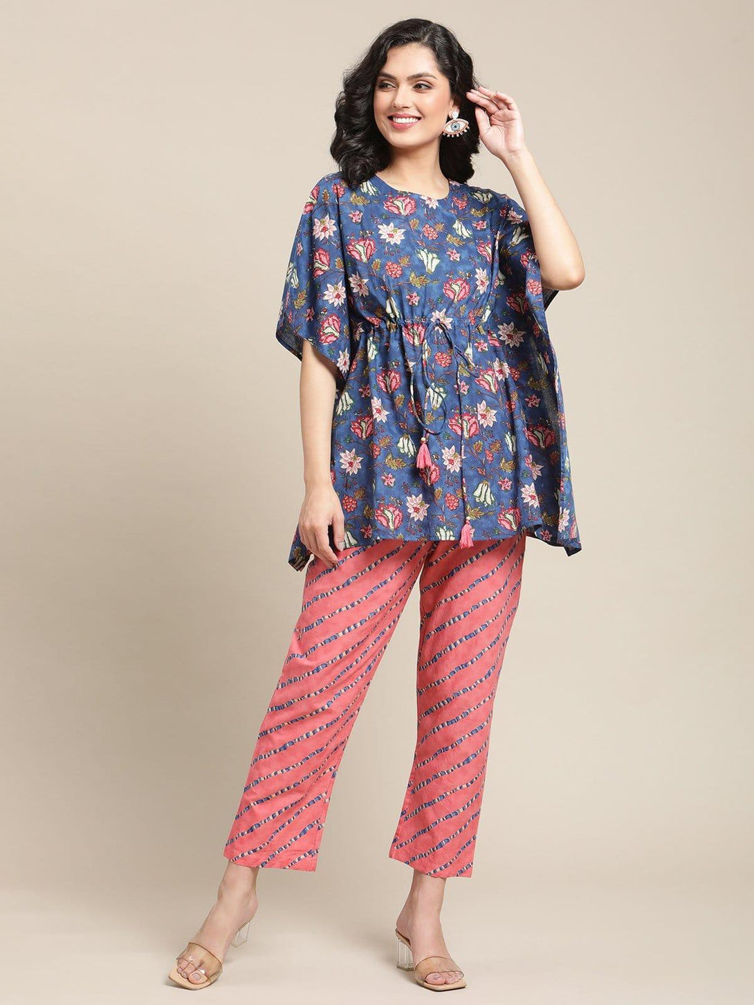 Blue And Peach Floral Printed Kaftan And Trouser Set - Indiakreations