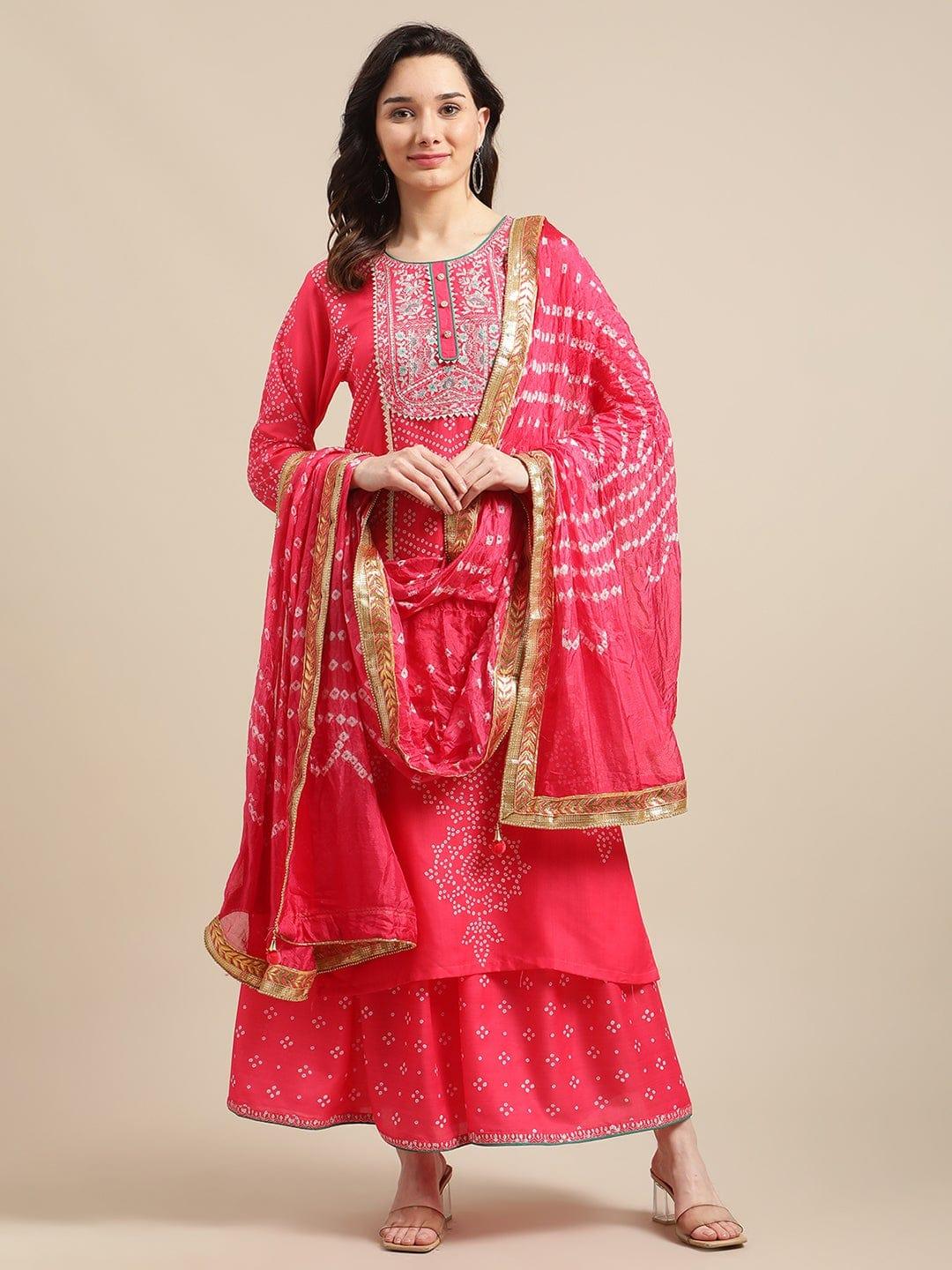 Pink Zari Embroidered Kurta Palazzo Set With Lace Embellished Bandhej Dupatta - Indiakreations