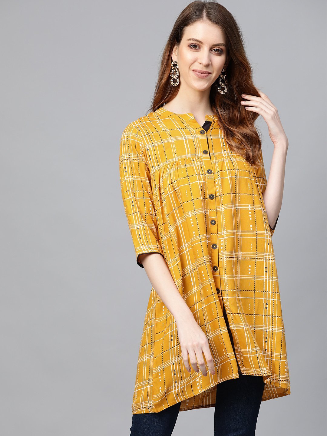 Women's Mustard Yellow & White Checked High-Low A-Line Kurti - Anubhutee