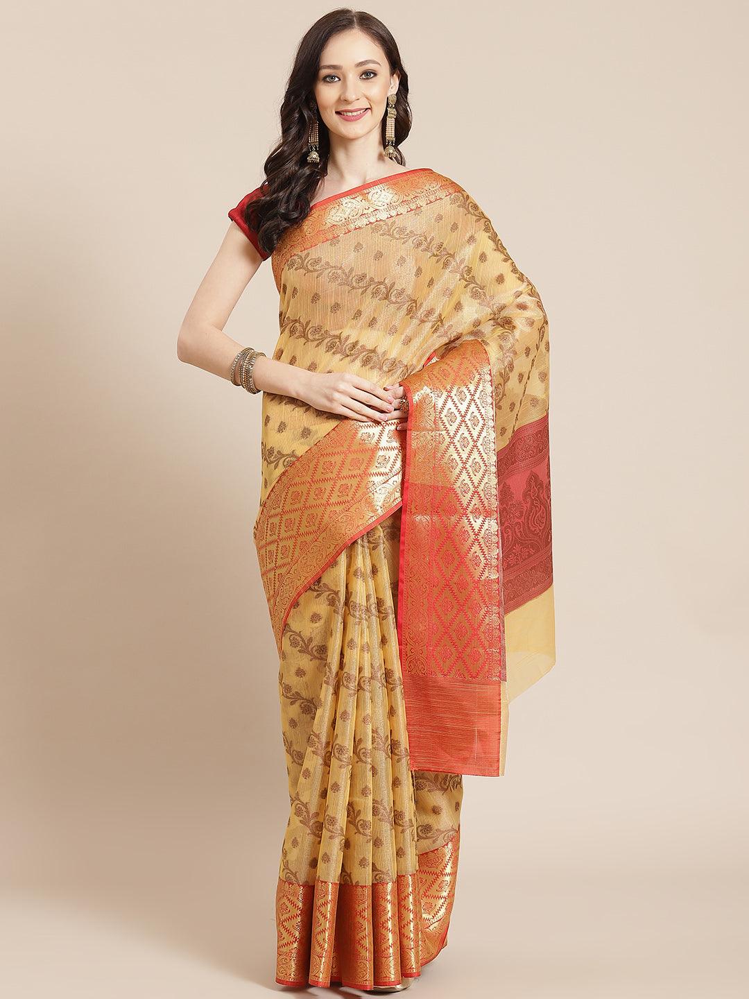 Women's Yellow Cotton Silk Saree - Varanasi - Indiakreations