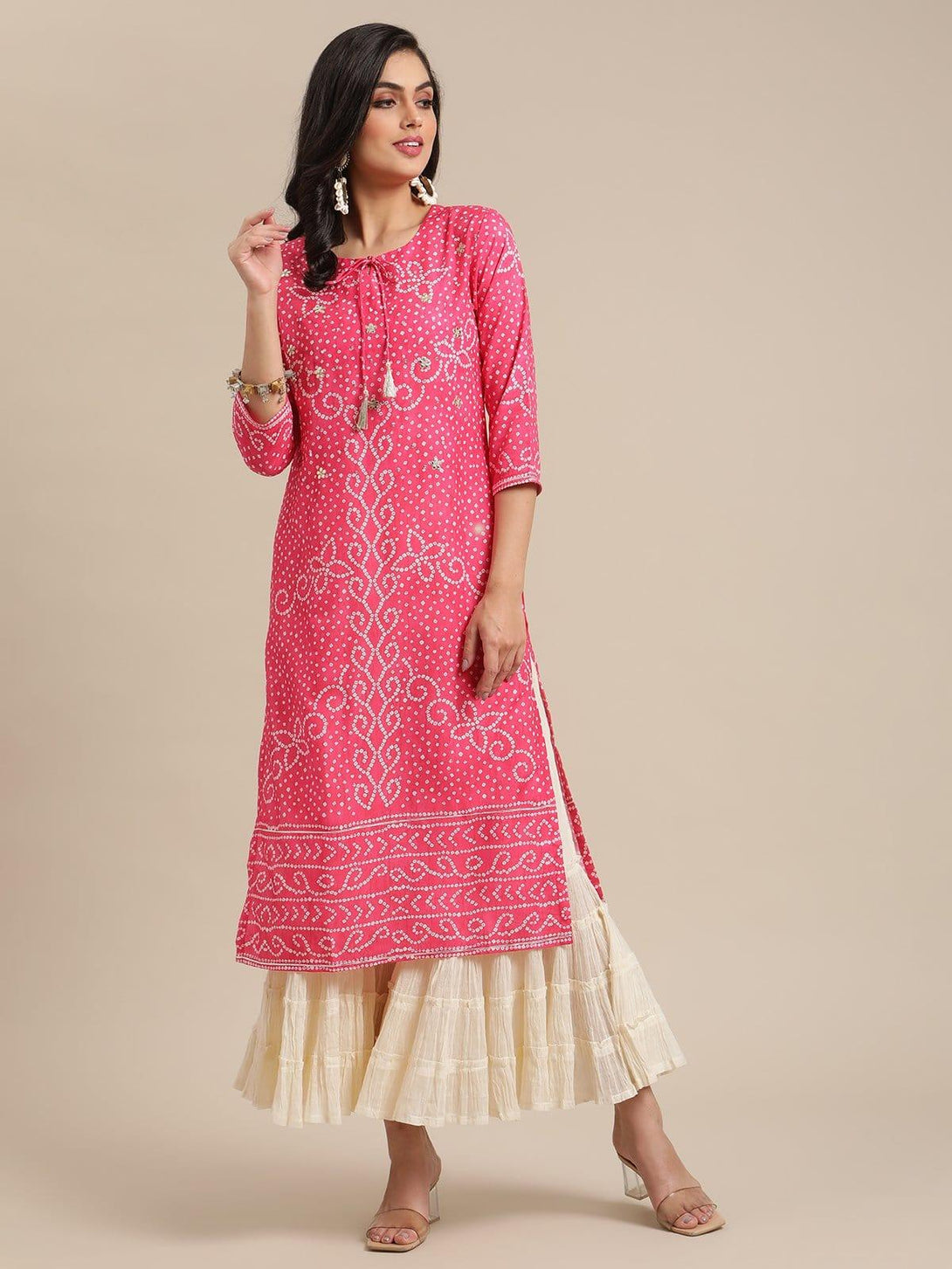 Pink Silk Bandhej Printed Gota Patti Embellished Kurta - Indiakreations