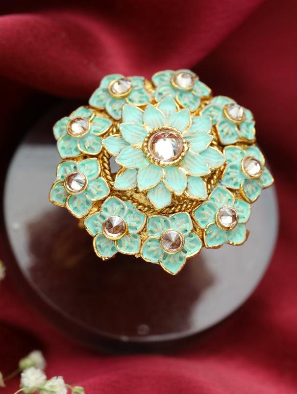 Women's Gold-Plated Turquoise Blue & White Ad-Studded Handcrafted Adjustable Finger Ring - Jazz And Sizzle - Indiakreations