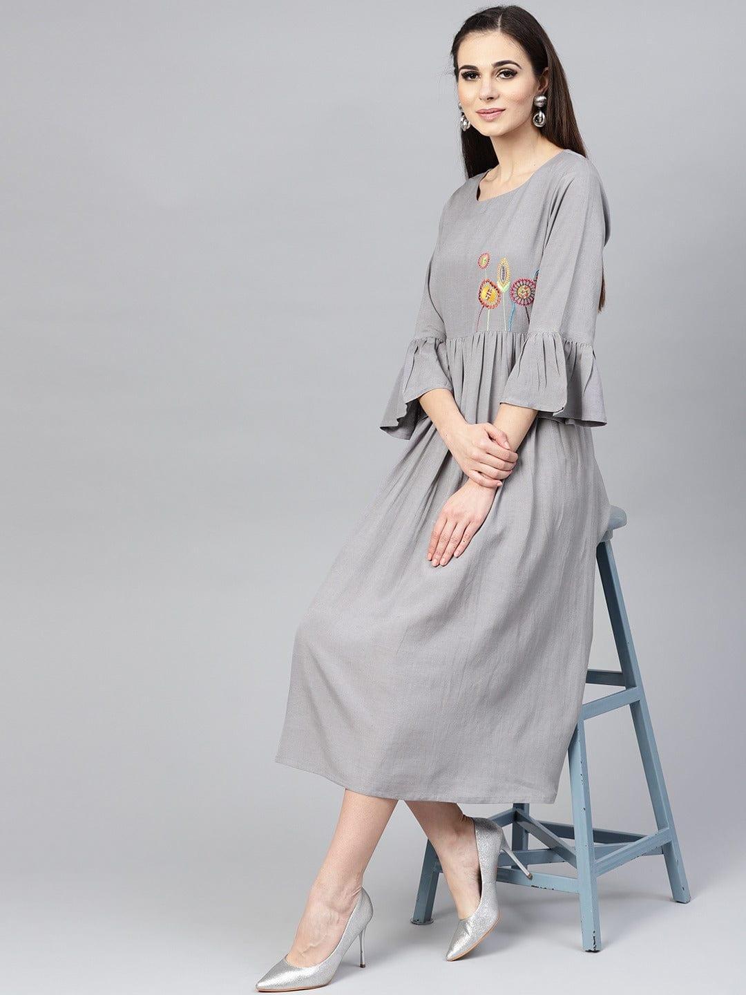 Grey Solid Fit and Flare Dress - Indiakreations