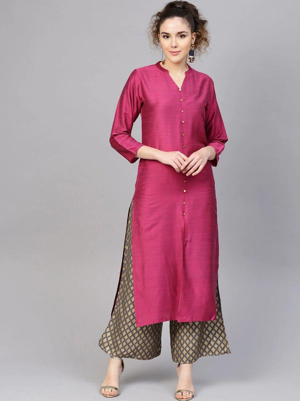 Magenta & Grey Panelled A-Line Handloom Kurta with Palazzos - Indiakreations