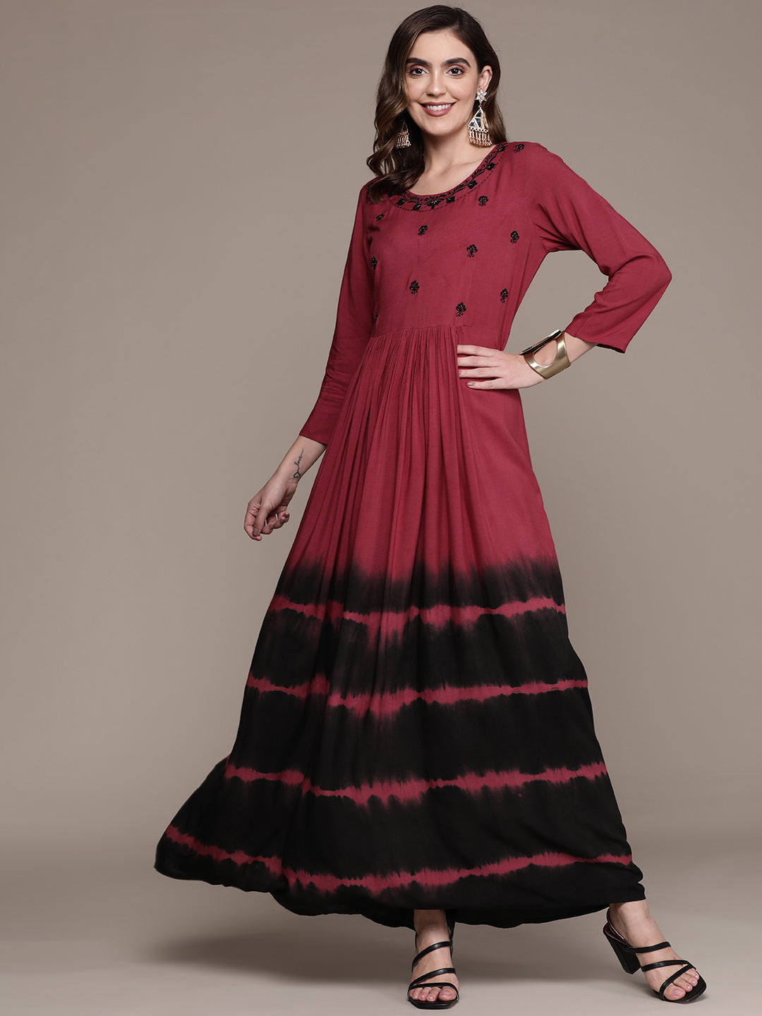 Women's Red Black Ethnic Motifs Dyed A-Line Maxi Dress - Anubhutee