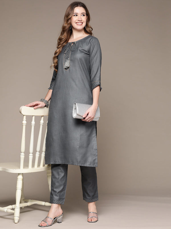 Women's Dark Grey Gotta Patti Dori Tassel Kurta set with Trousers - Anubhutee