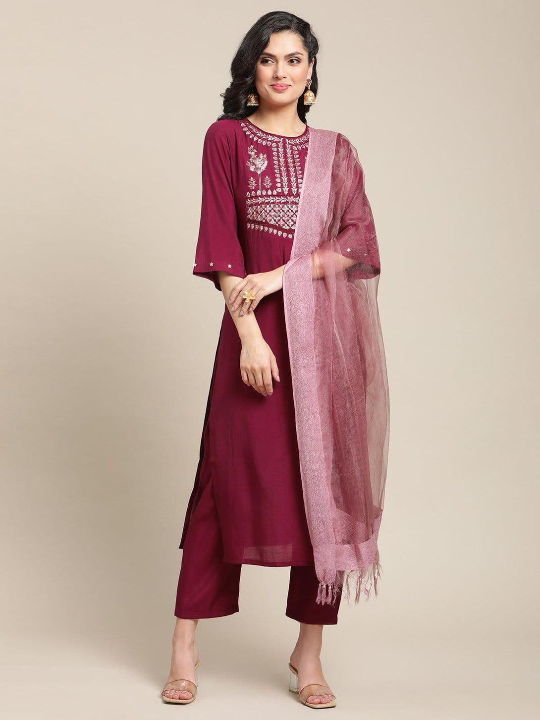 Wine Zari And Resham Yoke Embroidery Kurta Trouser Set With Mauve Silk Dyed Dupatta - Indiakreations