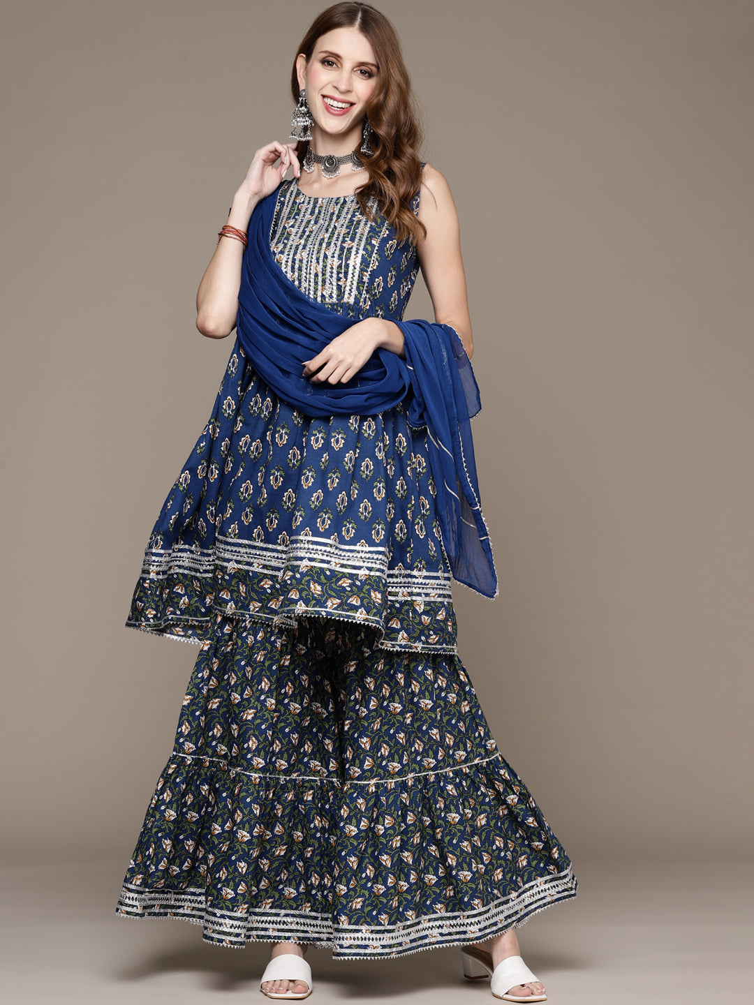 Women's Royal Blue Gota Patti Printed Kurta Set With Sharara And Dupatta - Anubhutee