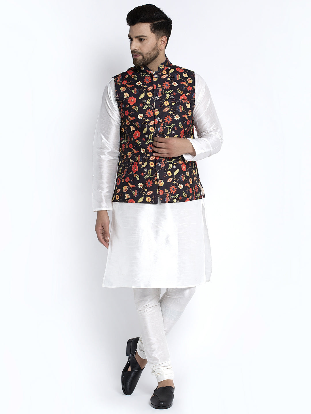 Men's Silk Blend White Kurta With Pyjama & Black Printed Nehru Jacket - Benstoke