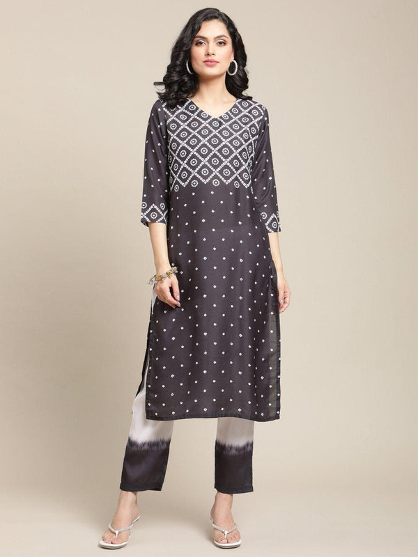 Black And White Bandhej Printed Kurta With Ombre Printed Trouser - Indiakreations